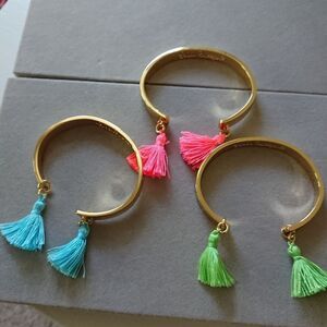 Lilly Pulitzer Gold Plated Tassels Cuff Bracelet x3 Turquoise, pink & blue
